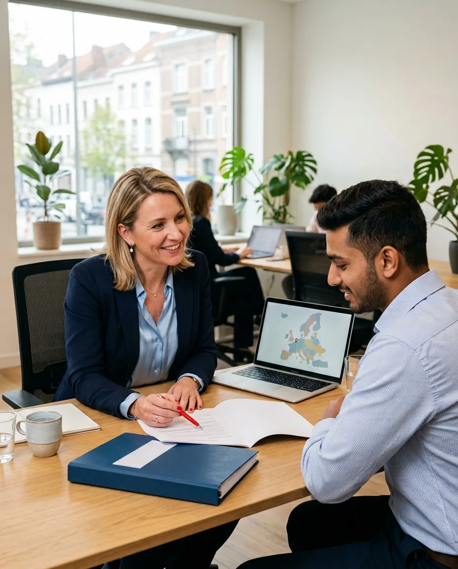 EuroHirePath recruitment consultant reviewing a European employment contract and work permit documents with a South Asian candidate